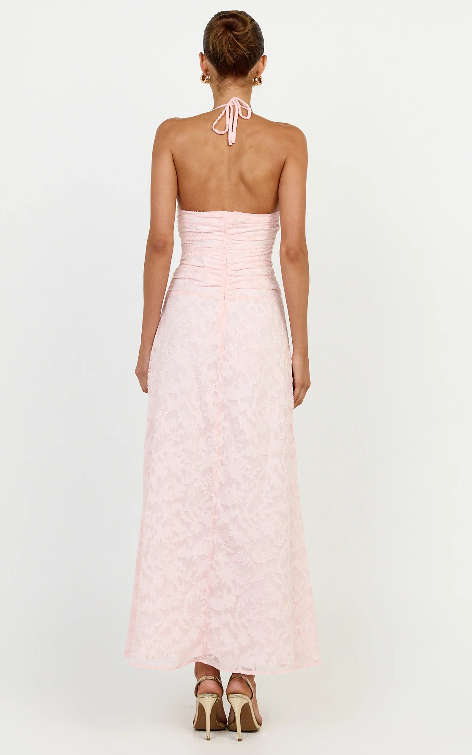 Gathered Bodice Halter Clipped Jacquard Dress in Pink